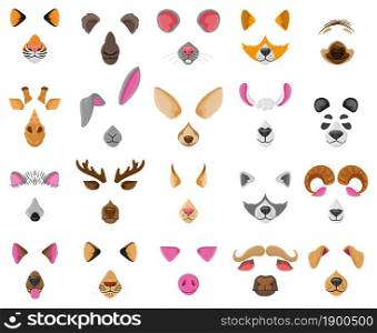 Cartoon selfie or video chat animal faces masks. Raccoon, dog, zebra and goat funny ears and noses vector illustration set. Video chat animal faces. Animal muzzle application effect. Cartoon selfie or video chat animal faces masks. Raccoon, dog, zebra and goat funny ears and noses vector illustration set. Video chat animal faces