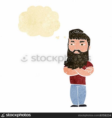 cartoon serious man with beard with thought bubble