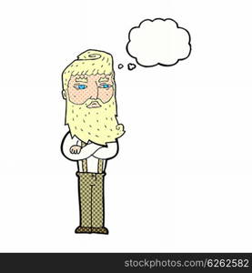 cartoon serious man with beard with thought bubble