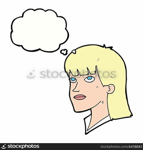 cartoon serious woman with thought bubble