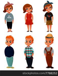 Cartoon set of cute children wearing colorful casual clothing and accessories isolated on white background vector illustration. Children Clothing Set