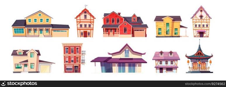 Cartoon set of different buildings isolated on white background. Vector illustration of American, European, Asian style architecture, house with garage, traditional Chinese temple, block of flats. Cartoon set of buildings on white background