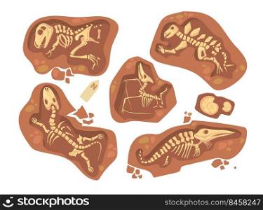 Cartoon set of different dinosaur fossils. Flat vector illustration. Collection of prehistoric reptile skeletons and bones lying underground. Paleontology, archeology, dinosaur, excavation concept