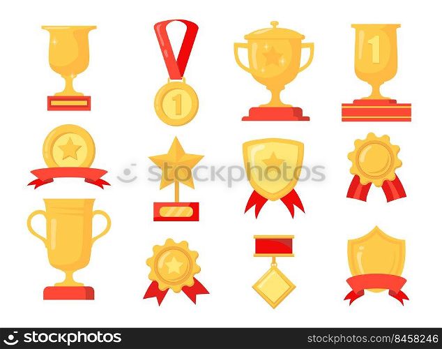 Cartoon set of different golden awards for winner. Flat vector illustration. Collection of colorful medals, cups, trophies in gold isolated on white background. Prize, victory, win, sport concept