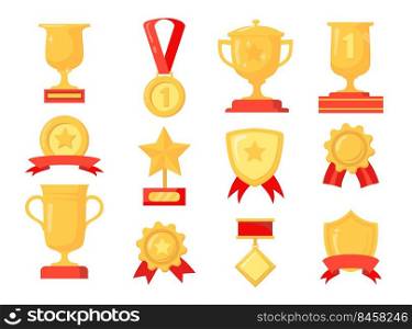 Cartoon set of different golden awards for winner. Flat vector illustration. Collection of colorful medals, cups, trophies in gold isolated on white background. Prize, victory, win, sport concept