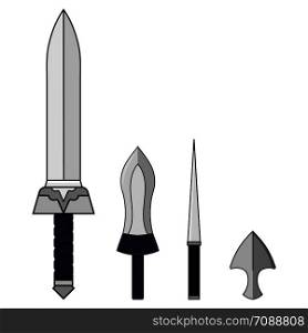Cartoon Set of Different Swords isolated on white background. Medieval Weapons. Adventure Items. Vector illustration for Your Design, Game, Card, Web.