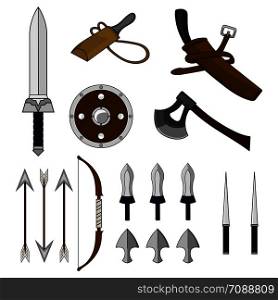 Cartoon Set of Different Weapons isolated on white background. Shield,Bow, Axe, Sword, Dagger, Stylet, Knife. Medieval Equipment. Adventure Items. Vector illustration for Your Design, Game, Card, Web.