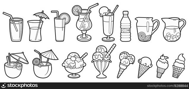Cartoon set of doodle beverages, ice cream, fruits. Summer beach food and drinks vector funny illustration