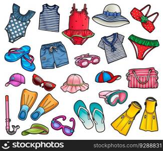 Cartoon set of doodle clothes, shoes, accessories. Summer objects vector funny illustration. Isolated on white background