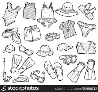 Cartoon set of doodle clothes, shoes, accessories. Summer objects vector funny illustration.