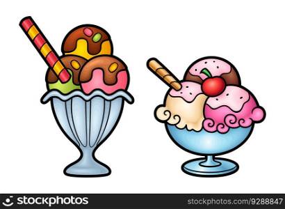 Cartoon set of doodle ice cream. Summer beach food vector funny illustration. Isolated on white background