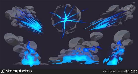 Cartoon set of explosion effects with neon blue fire and grey clouds of smoke. Vector illustration of comic style blast, puff, fast speed motion, dust trail, boom wave animation isolated on black. Cartoon explosion effects with blue fire and smoke
