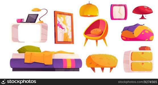 Cartoon set of groovy bedroom furniture set isolated on white background. Vector illustration of bed, armchair, desk with l&and laptop, wall clock, abstract picture. Interior design elements. Cartoon set of groovy bedroom furniture set