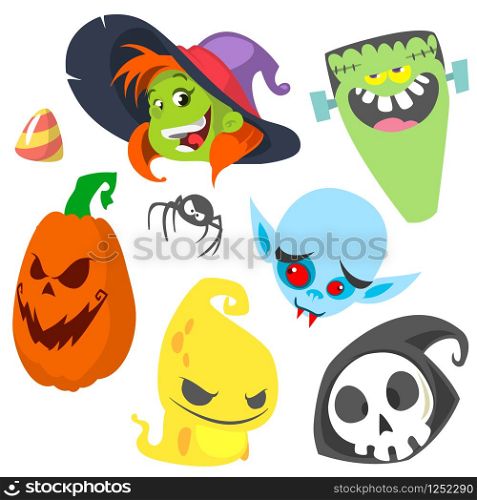 Cartoon set of Halloween characters. Witch, zombie, pumpkin head, vampire, ghost, grim reaper and spider