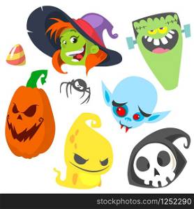 Cartoon set of Halloween characters. Witch, zombie, pumpkin head, vampire, ghost, grim reaper and spider