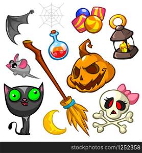 Cartoon set of Halloween symbols. Witch cat, pumpkin, grim reaper, broomstick and candies. Vector illustration