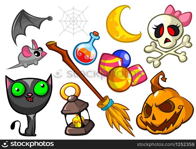 Cartoon set of Halloween symbols. Witch cat, pumpkin, grim reaper, broomstick and candies. Vector illustration