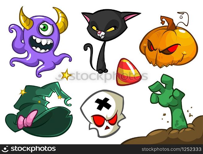 Cartoon set of Halloween symbols. Witch cat, pumpkin head jack o lantern,grim skull, witch hat, zombie hand