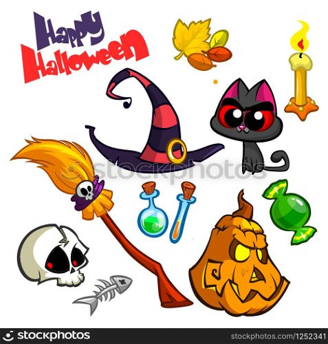 Cartoon set of Halloween symbols. Witch cat, pumpkin, skull grim reaper, witch hat, zombie, candle, bat