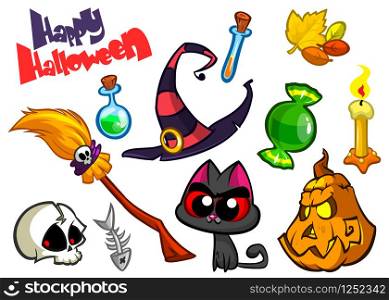 Cartoon set of Halloween symbols. Witch cat, pumpkin, skull grim reaper, witch hat, zombie, candle, bat