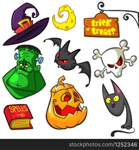 Cartoon set of Halloween symbols. Witch cat, pumpkin, skull, witch hat, zombie, book of spells, trick or treats sign and bat. Vector illustration