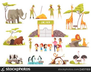 Cartoon set of happy children with their parents looking at various animals at zoo isolated on white background vector illustration. Cartoon Zoo Set