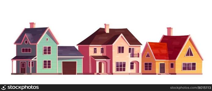 Cartoon set of houses with garages isolated on white background. Vector illustration of cottage buildings facade with doors, windows, color brick walls, roof and chimneys. Suburban town neighborhood. Cartoon set of houses with garages on white