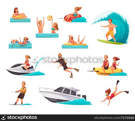 Cartoon set of icons with people doing water sports and playing in sea isolated on white background vector illustration