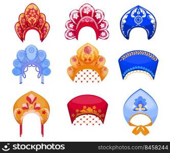 Cartoon set of kokoshniks, traditional Russian woman headdress. Flat vector illustration. Different colorful kokoshniks as vintage ornamental folk Russian hats. Ethnic, history, culture, folk concept
