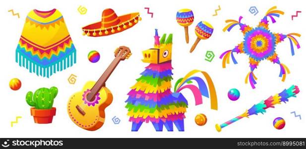 Cartoon set of mexican party accessories isolated on white background. Vector illustration of traditional donkey pinata, spanish guitar, maracas, sombrero, potted cactus. Child birthday elements. Cartoon set of mexican party accessories
