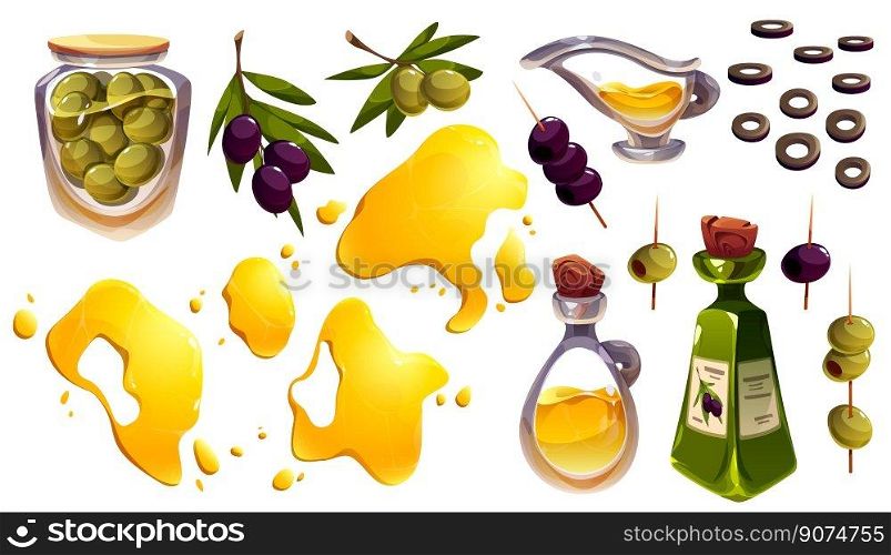 Cartoon set of olive tree branches, glass jar, bottle and splashes of oil isolated on white background. Vector illustration of fresh organic fruit served as appetizer. Cooking and cosmetics ingredient. Cartoon set of olive tree branches, oil splashes