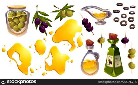 Cartoon set of olive tree branches, glass jar, bottle and splashes of oil isolated on white background. Vector illustration of fresh organic fruit served as appetizer. Cooking and cosmetics ingredient. Cartoon set of olive tree branches, oil splashes