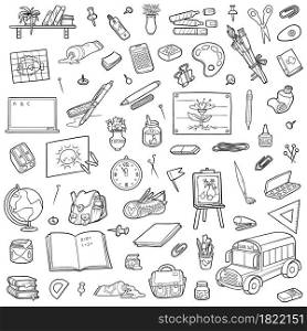 Cartoon set of school objects. Vector black and white collection of stationery and items for study