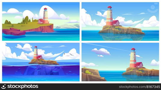 Cartoon set of seascape scenes with lighthouse on island. Vector illustration of nautical tower building on piece of rocky land with green trees and lawn under blue sky, white clouds, birds flying. Cartoon set of seascape with lighthouse on island