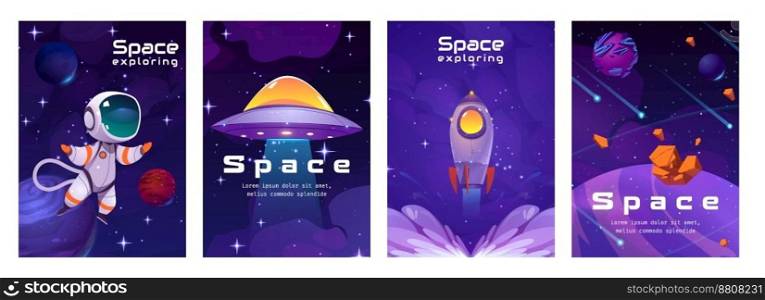 Cartoon set of space exploration game banner design templates with place for text. Vector illustration of astronaut, rocket and alien spaceship, planets, asteroids and satellites flying in night sky. Cartoon set of space exploration game banner