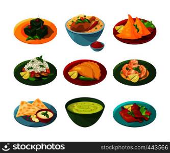 Cartoon set of traditional indian food in different dishes. Indian food delicious with sauce and spicy. Vector illustration. Cartoon set of traditional indian food in different dishes