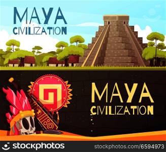 Cartoon set of two horizontal banners with maya civilization pyramid and accessories isolated vector illustration. Maya Cartoon Banners Set