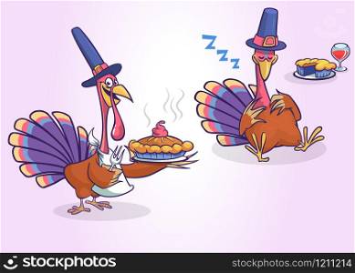 Cartoon set of two turkeys isolated. Vector turkey serving a meal with pie and sleeping
