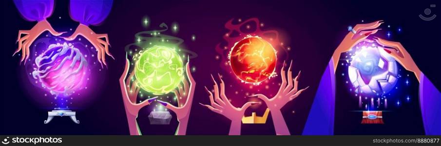 Cartoon set of witch hands with magic ball on dark background. Vector illustration of creepy female fingers with long nails holding fortune telling spheres glowing and sparkling. Witchcraft ritual. Cartoon set of witch hands with magic ball