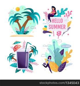 Cartoon Set Opening Summer Season and Vacation. Flat Vector Woman Searching Best Tour on Application via Smartphone. Businesswoman Rushing on Holiday. Tropical Cocktails and Palms Illustration. Cartoon Set Opening Summer Season and Vacation
