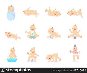 Cartoon set with cute little babies in diaper. Happy toddler plays with toy, birthday of baby, child learning to walk, baby smiling, child sits on potty, toddler crawling on the floor. Little kid. Cartoon Set with Cute Little Babies in Diaper
