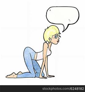 cartoon sexy woman on all fours with speech bubble