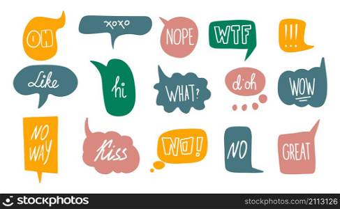 Cartoon shape, social media dialog speech sticker with lettering text. Vector hand drawn shapes illustration colorful creative stickers. Doodle bubble frame. Cartoon cloud chat shape, social media dialog speech sticker with lettering text. Vector hand drawn shapes
