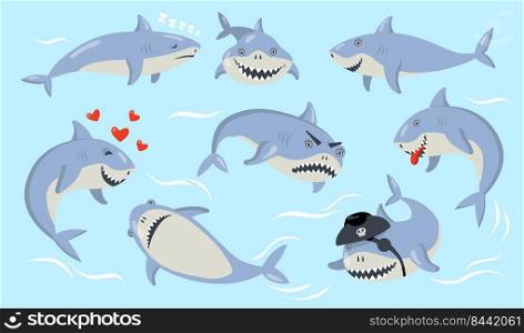 Cartoon shark different emotions set. Cute predatory baby fish getting happy, angry, falling in love or sleeping. Vector illustrations for underwater life or wild life concept, books for kids design