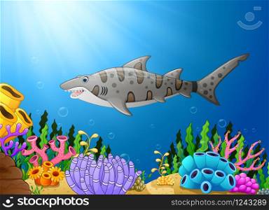 Cartoon shark fish in the beautiful underwater
