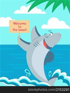 Cartoon shark poster. Sharks typography, kids prints or baby book cover. Cute beach graphics, summer vacation. Ocean animal vector banner. Illustration shark cartoon, animal sea welcome to beach. Cartoon shark poster. Sharks typography, kids prints or baby book cover. Cute beach graphics, summer vacation. Ocean animal decent vector banner