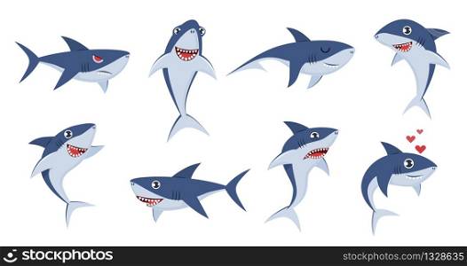 Cartoon sharks. Comic shark animals, cute character emotions, scary jaws and underwater ocean fish cheerful mascot for kids vector wildlife set. Cartoon sharks. Comic shark animals, cute character emotions, scary jaws and underwater ocean fish cheerful mascot for kids vector set