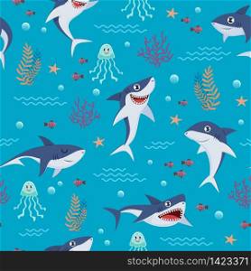 Cartoon sharks pattern. Seamless background with cute marine fishes, smiling shark characters and sea underwater world vector nautical wallpaper. Cartoon sharks pattern. Seamless background with cute marine fishes, smiling shark characters and sea underwater world vector wallpaper
