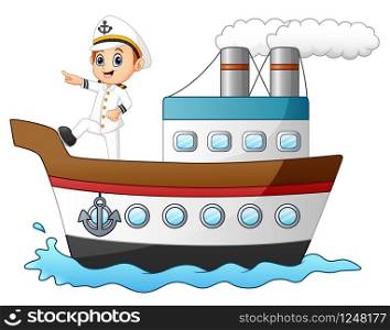 Cartoon ship captain pointing on a ship