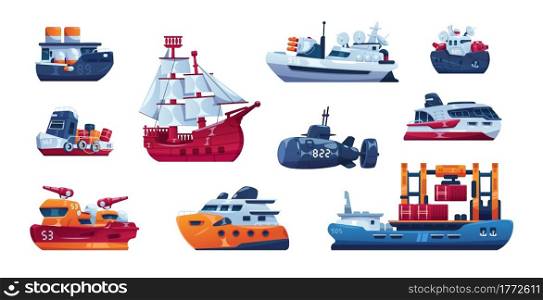 Cartoon ship. Passenger and cargo sea transport. Funny steamboat sails on water. Isolated fishing trawler or submarine. Wooden sailing vessel and cruise yacht. Marine transportation. Vector boats set. Cartoon ship. Passenger and cargo sea transport. Funny steamboat sails on water. Fishing trawler or submarine. Sailing vessel and cruise yacht. Marine transportation. Vector boats set